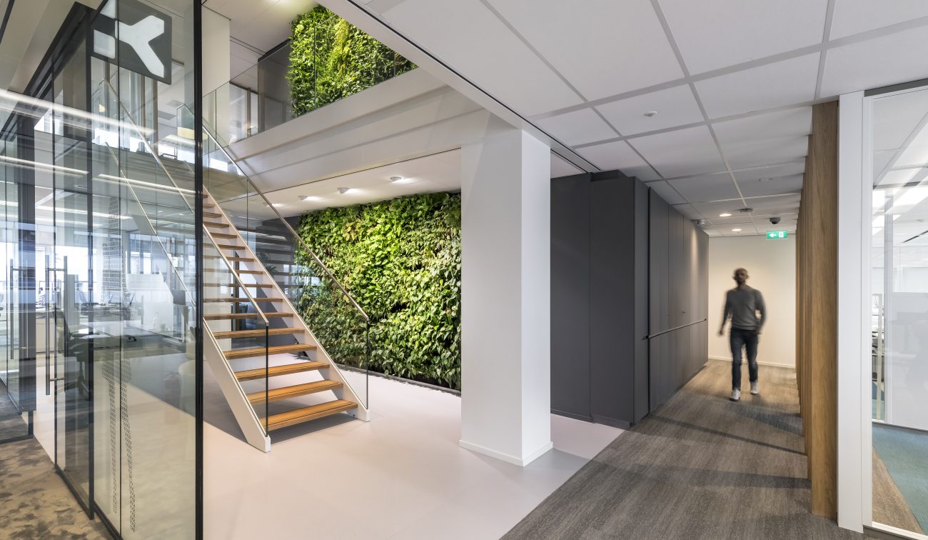 Renovatie kantoor Cluetinckborch Utrecht: glazen wanden, houten trap, groene plantwand en gangen. nu