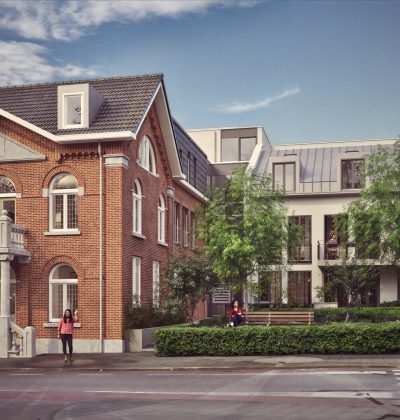 Impressie van nieuwbouwproject ’t Oude Raadhuis Ulestraten met gerenoveerde gevel en moderne woningen.