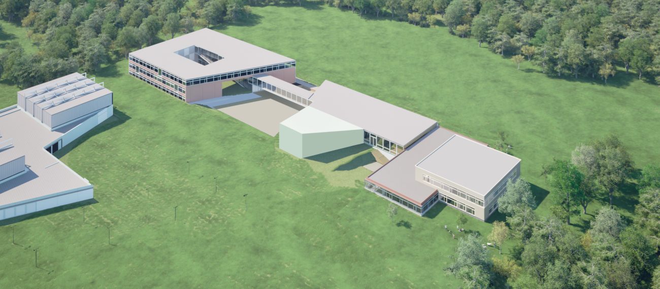 Impressie van bovenaanzicht vernieuwde "De Werkplaats". Dit is een gebouw met twee scholen