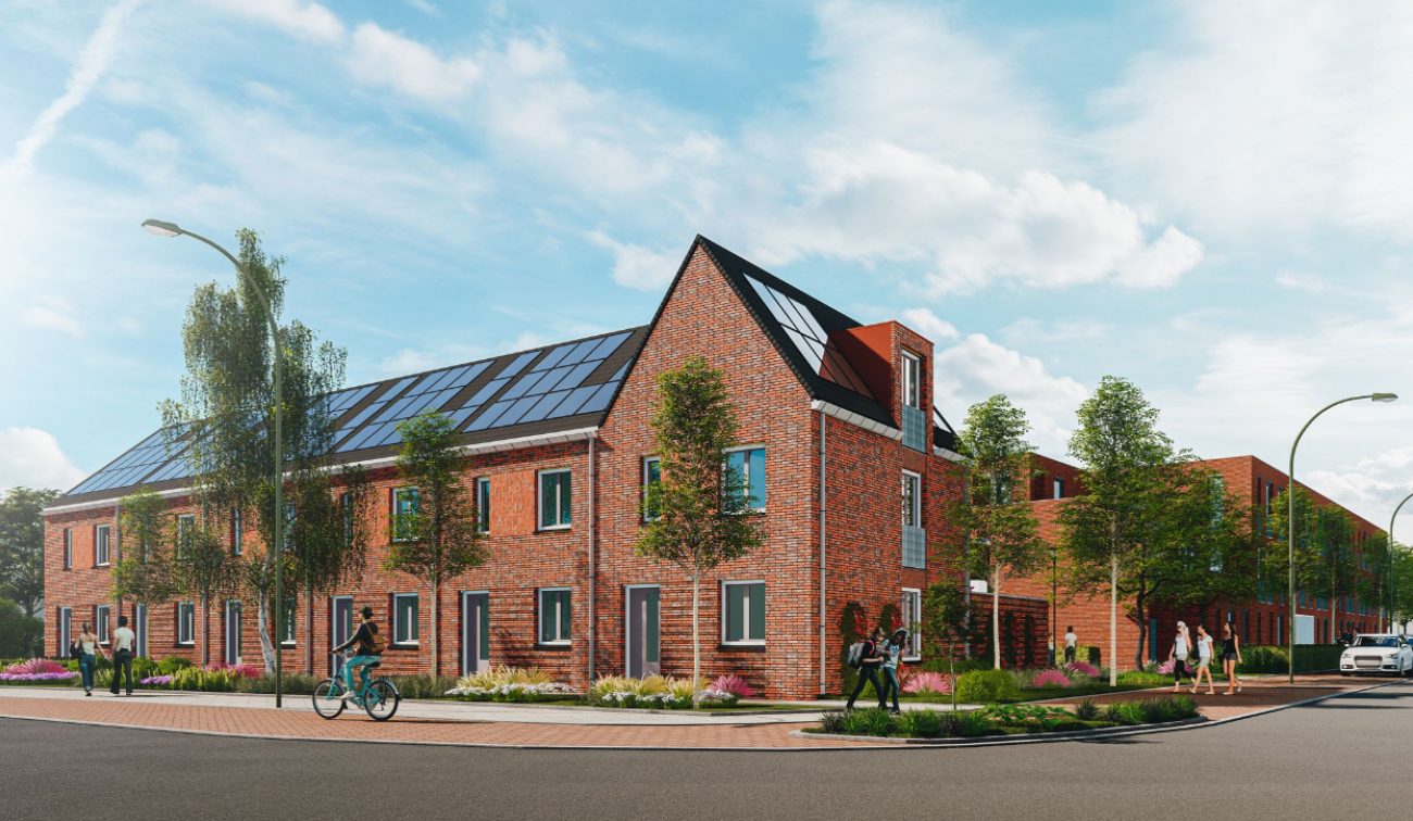 Emmalaan Roermond – impressie van hoekblok rijwoningen in rood baksteen met zonnepanelen en dakkapellen, groene straat met fietsers