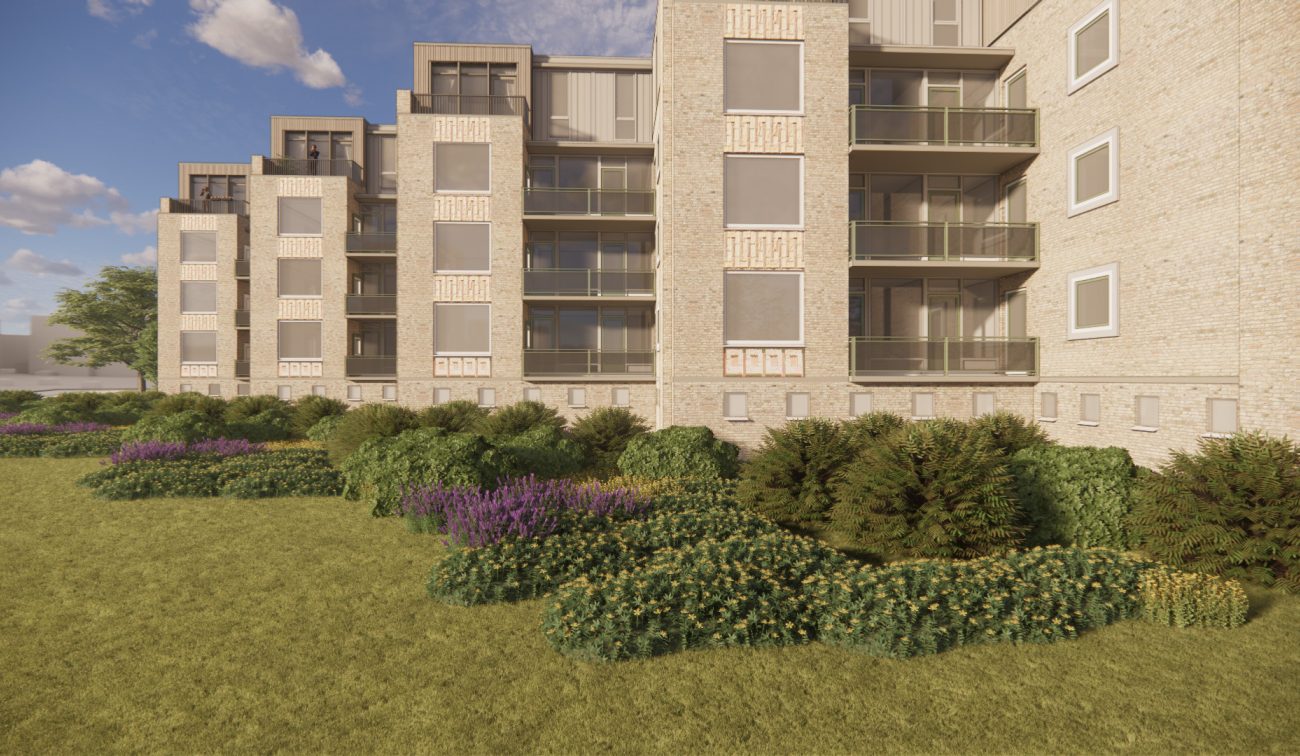 Impressiefoto van de zijkant van de Grijpmaflats in Eindhoven na groot onderhoud en optopping.