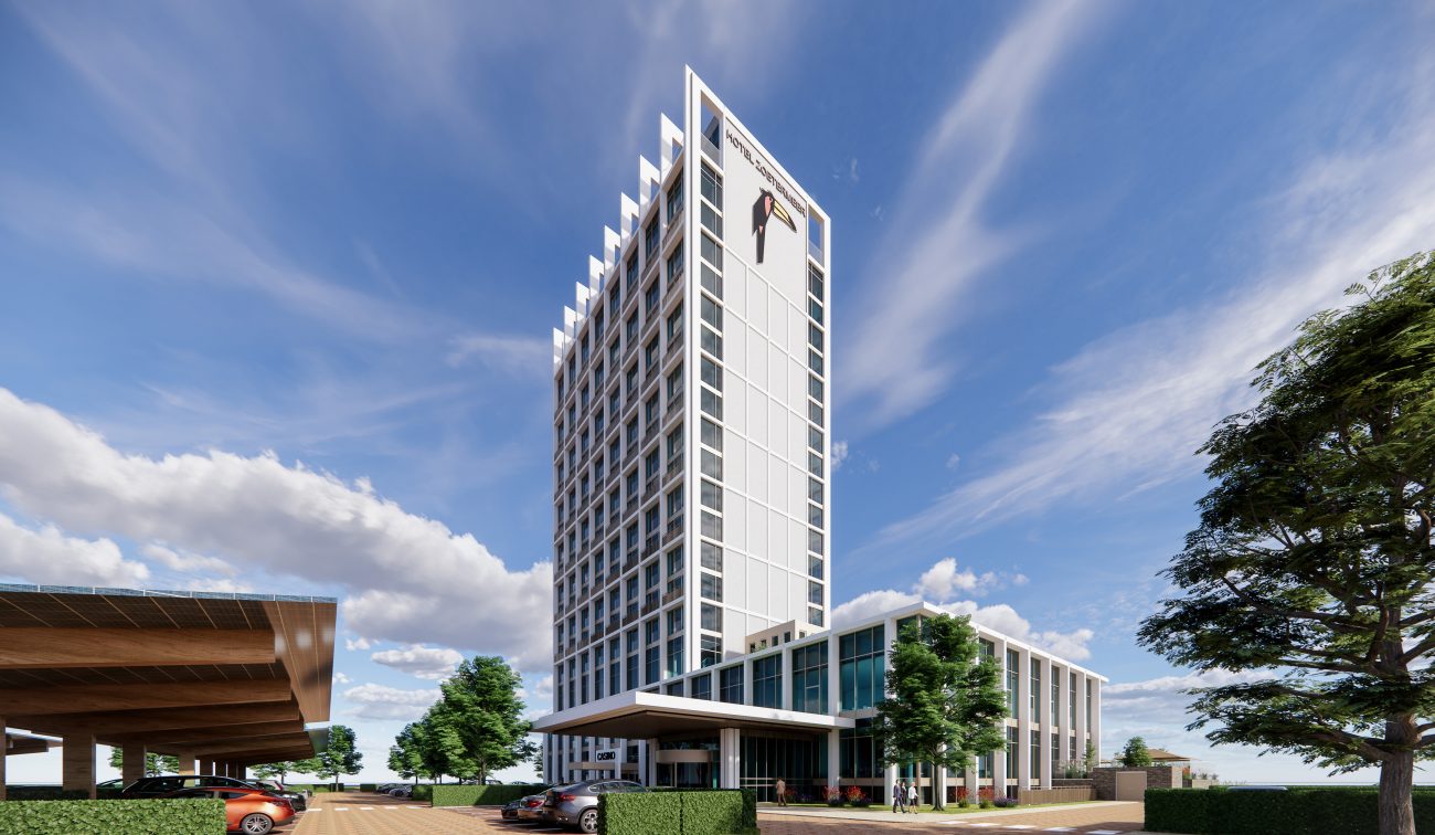 Overdagimpressie van het nieuwgebouwde Van der Valk Hotel Zoetermeer, gezien van een afstand met zicht op het volledige hotel en de omliggende omgeving.