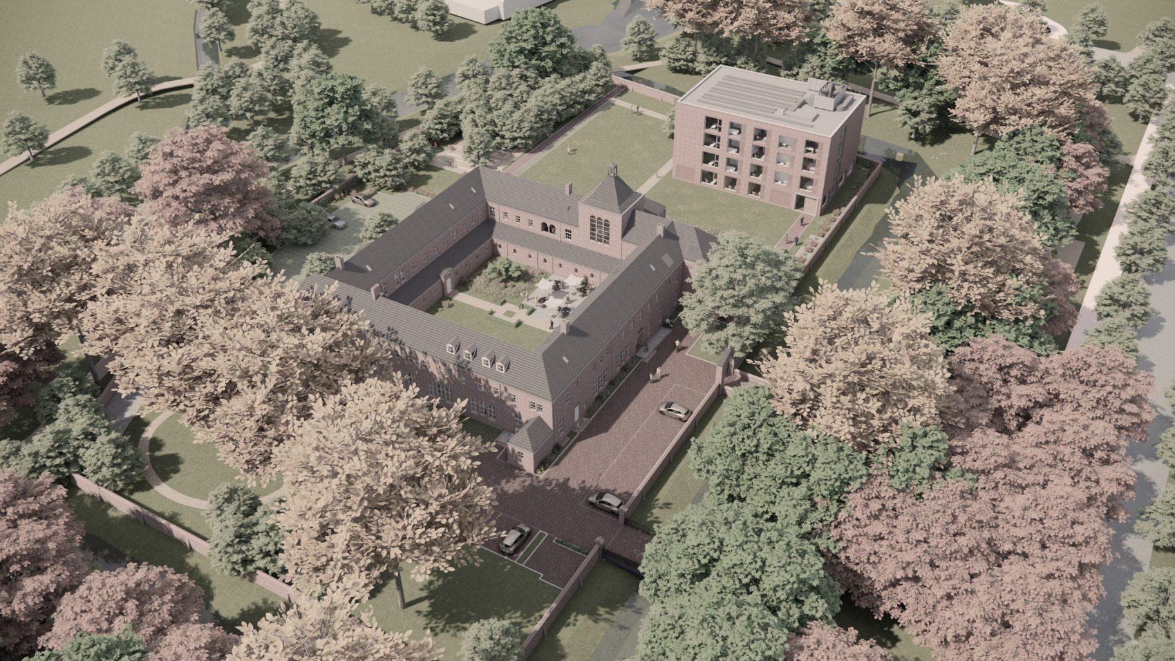 Impressie Luchtbeeld transformatie Clarissenklooster Eindhoven – Hotel Clara met binnenhof, paviljoen en park