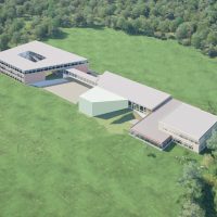 Impressie van bovenaanzicht vernieuwde "De Werkplaats". Dit is een gebouw met twee scholen