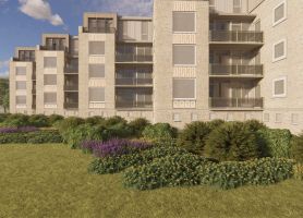 Impressiefoto van de zijkant van de Grijpmaflats in Eindhoven na groot onderhoud en optopping.