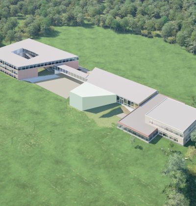 Impressie van bovenaanzicht vernieuwde "De Werkplaats". Dit is een gebouw met twee scholen