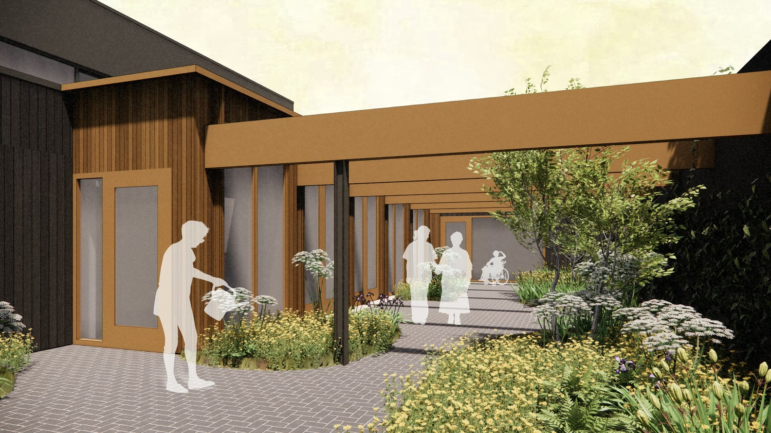 Impressie van een binnentuin met beplanting waarin enkele silhouetten van mensen staan