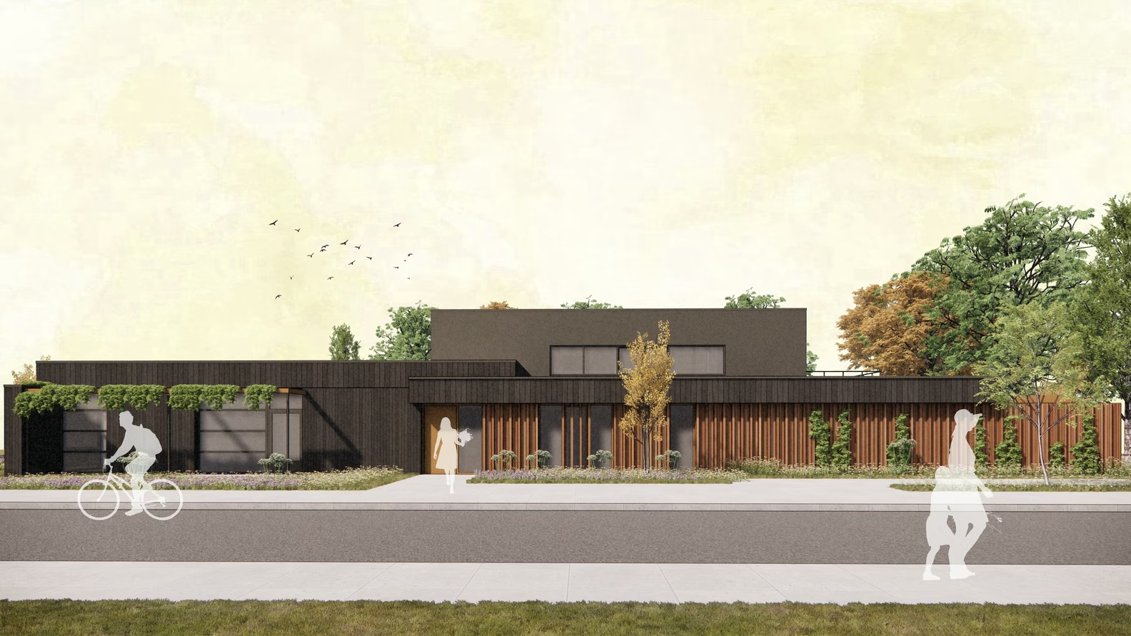 Impressie van een gebouw met houten panelen waarin enkele silhouetten van mensen rondlopen en fietsen