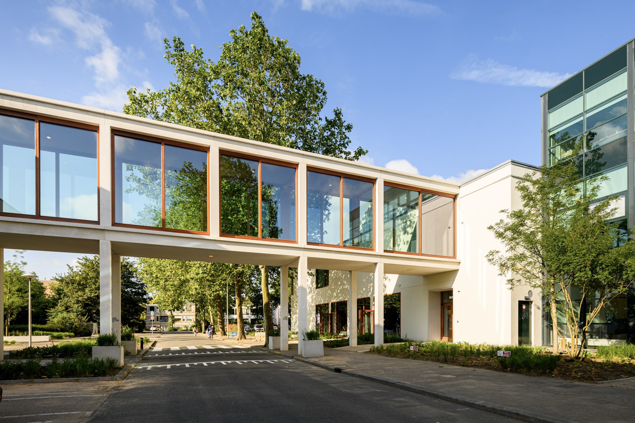 Moderne colonnade met brugdeel, witte kaders en houtaccenten, groen plantsoen op voorgrond.