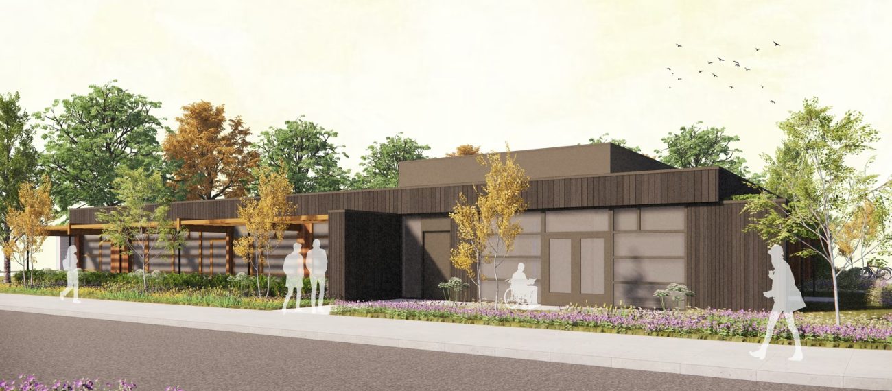 Impressie van schuin zijaanzicht van een hospice en logeerhuis met daarvoor silhouetten om de schaal aan te geven