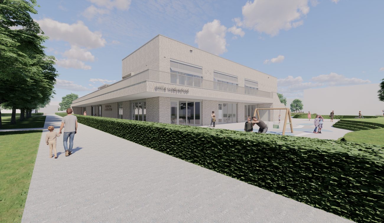 Kernkindcentrum Maastricht-West – impressie van licht bakstenen school met luifel en balkon, speelplein met schommel en haagpad in groene omgeving