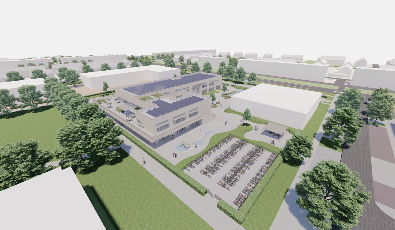 Kernkindcentrum Maastricht-West – impressie van licht bakstenen school met brede buitentrap, speelplein en groene inrichting