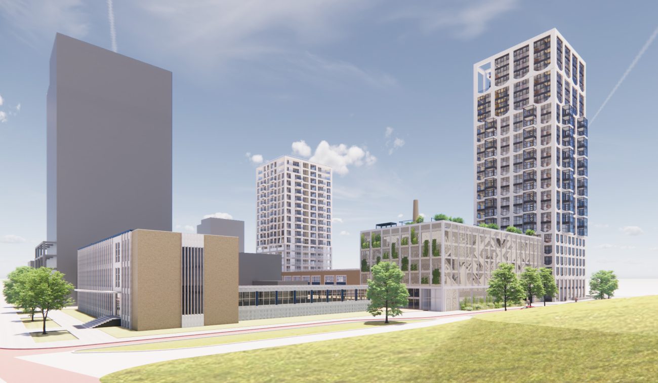 Overzichtsimpressie van nieuwbouwproject De Caai, met moderne gebouwen, groene buitenruimte en duurzame voorzieningen binnen het herontwikkelde gebied.