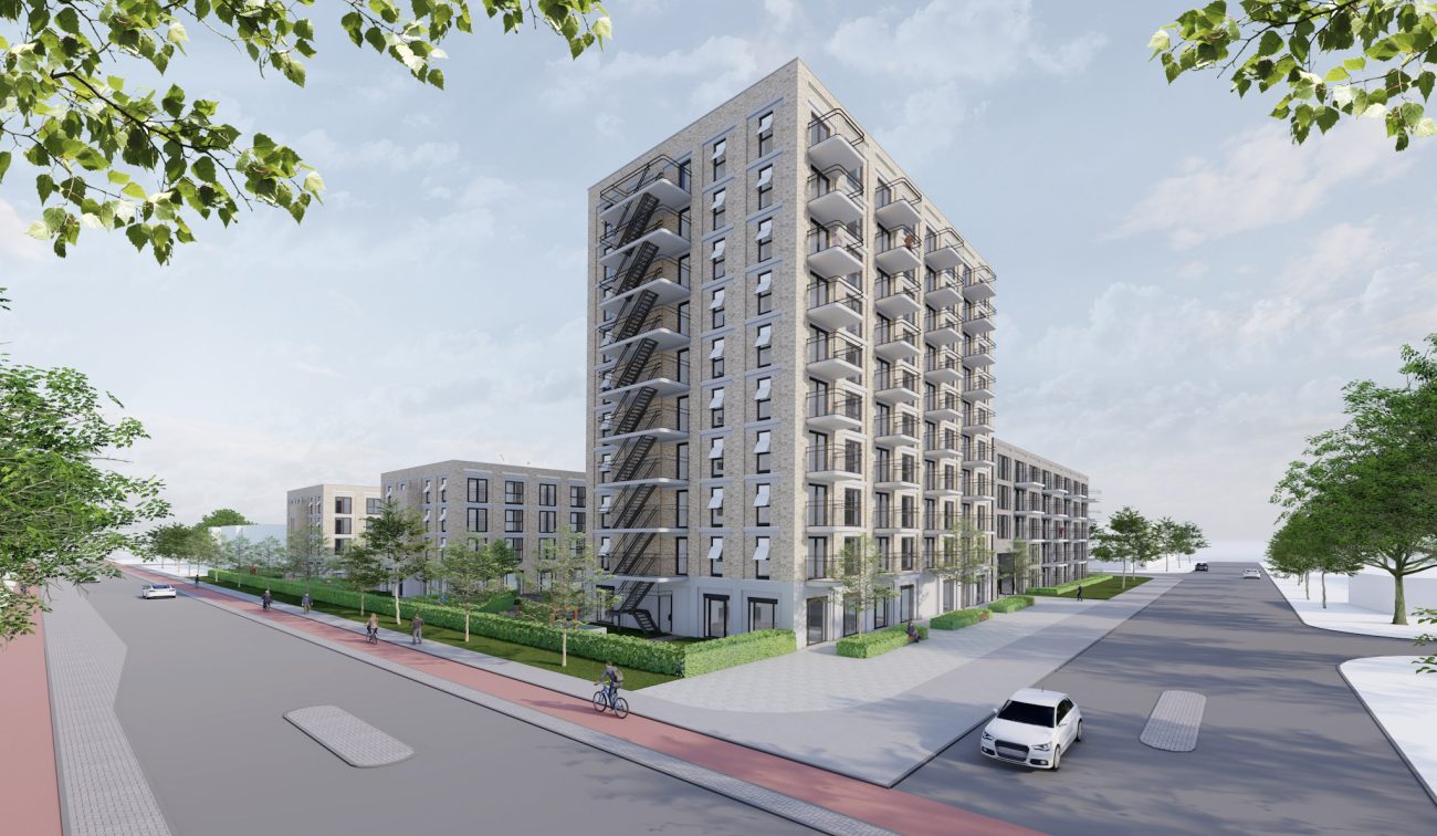 “Impressie van nieuwbouwproject Kievitshorst in Tilburg met een modern appartementengebouw van meerdere verdiepingen, balkons en groene omgeving met fiets- en wandelpaden.