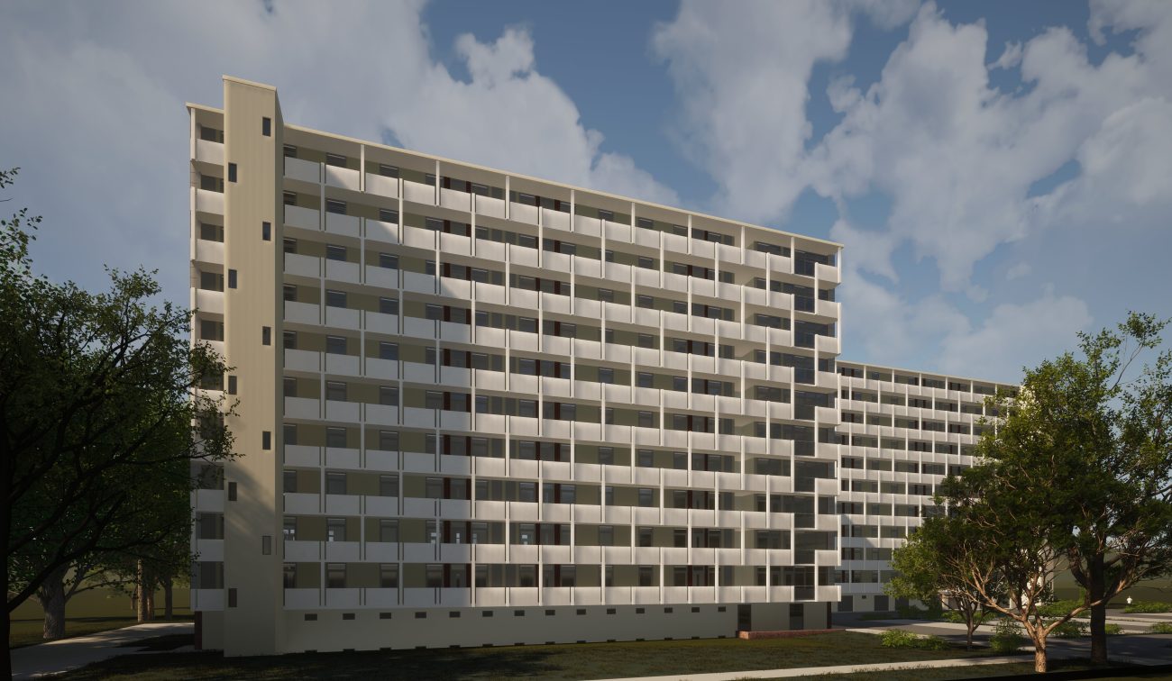 Dagimpressie Postflat Venlo: vernieuwde galerijflat met ritmische balkons, lichte gevel en bomen