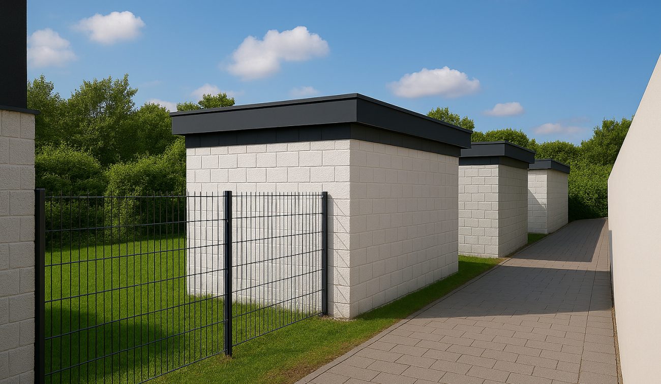 Bergingen met lichte gevels langs verhard pad tijdens groot onderhoud door Van Miltenburg