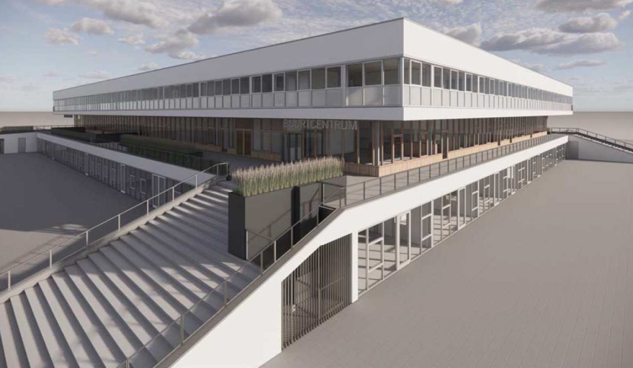 Bedrijfsgebouw met langgerekte glazen gevel, meerdere verdiepingen en verhoogd terras