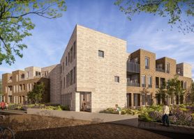 D’r Burggraaf Gulpen – impressie van hoekblok in licht en donker baksteen met balkons, entreepassage en bloemrijke beplanting