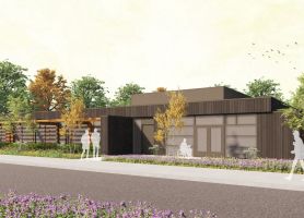 Impressie van schuin zijaanzicht van een hospice en logeerhuis met daarvoor silhouetten om de schaal aan te geven