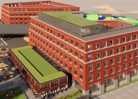 Impressie Van der Valk Maastricht-Maas met rode baksteen, dakterras en groene daken.