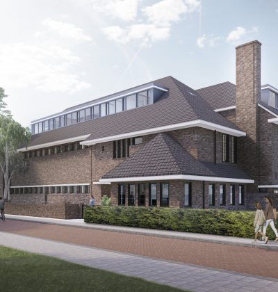 Impressie De Vijverhof Voorburg: renovatie en nieuwbouw kindcentrum, baksteen, kap en groene straat.