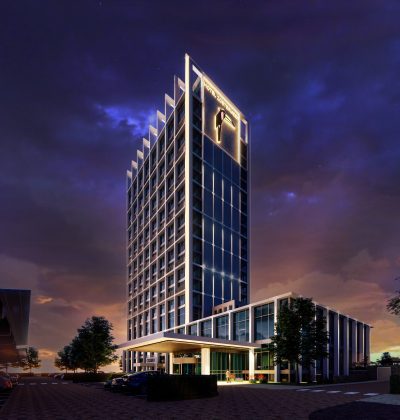 Nachtimpressie van het nieuwgebouwde Van der Valk Hotel Zoetermeer, met moderne architectuur en sfeervolle verlichting van de gevel en entree.