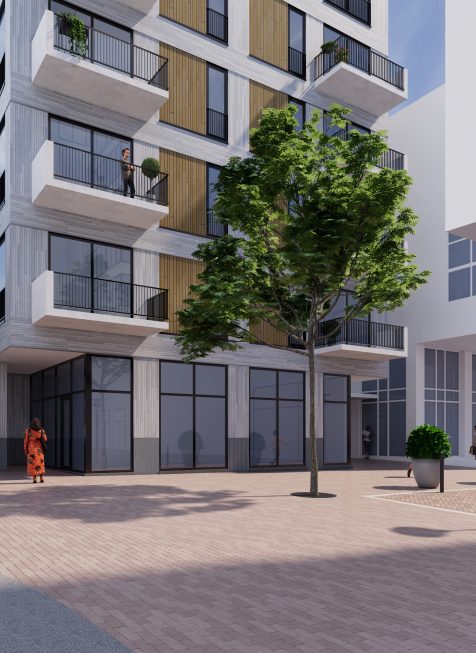 Ontwerpimpressie De Componist: transparante plint, stedelijk pleintje, balkons met zwarte hekwerken