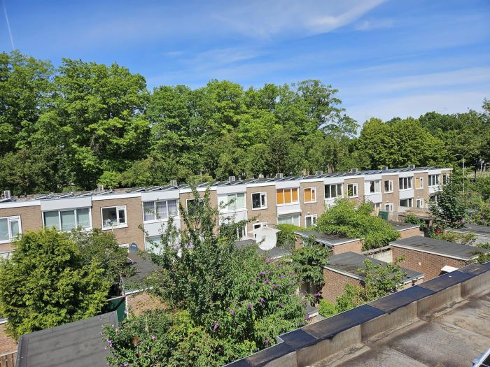 Bovenaanzicht van rijwoningen in de Staatsliedenbuurt Tilburg met zonnepanelen op de daken, omringd door veel groen en bomen.