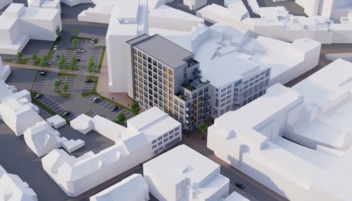 Vogelvluchtimpressie De Componist: hoge gevelritmiek, daktuinen en zorgvuldige stedelijke inpassing