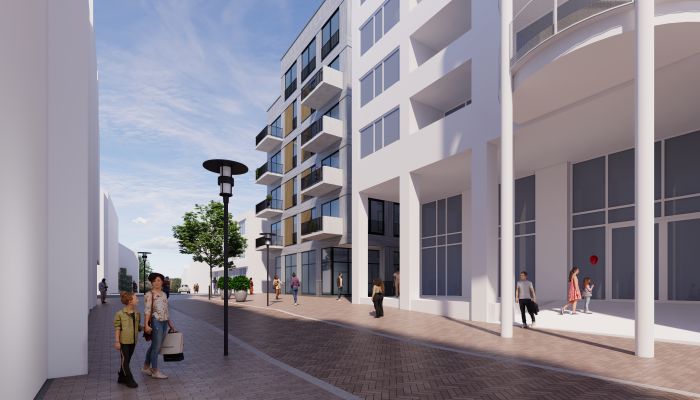 Impressie transformatie De Componist Kerkrade: glazen plint, uitkragende balkons en levendige passage