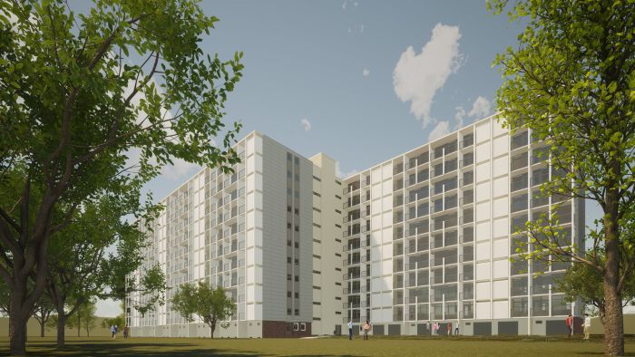 Ontwerpimpressie Postflat Venlo: opgefriste hoogbouw met ritme van balkons en groene binnentuin