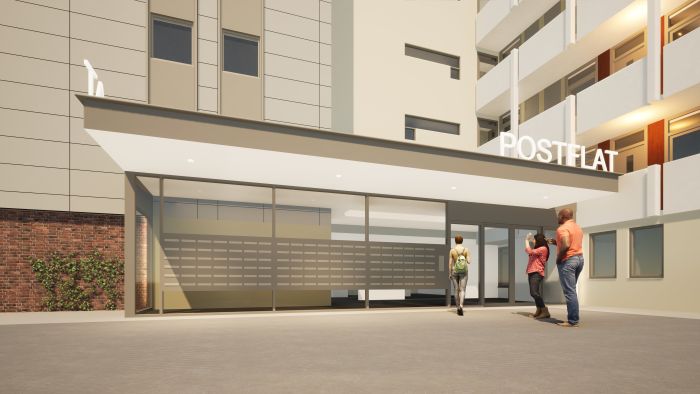 Visualisatie Postflat Venlo na renovatie: transparante entree met luifel en bewoners bij toegang