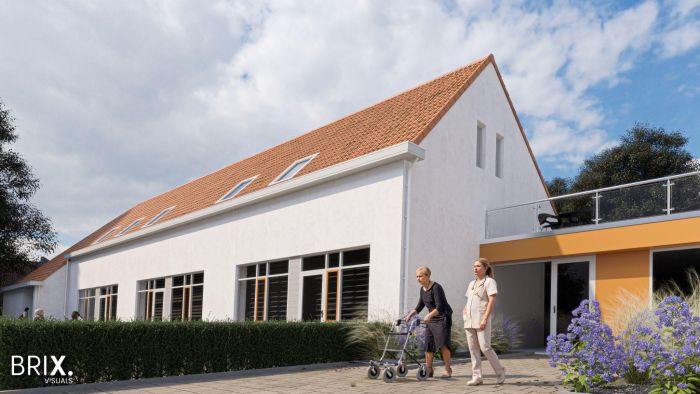 Impressie transformatie oude school Buchten: wit stuc, oranjerood pannendak en tuin met paarse beplanting