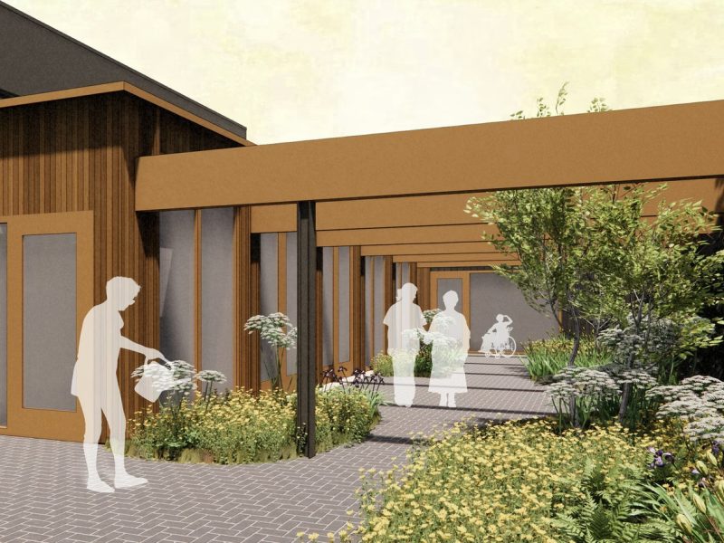 Impressie van een patio in een hospice met daarvoor silhouetten om de schaal aan te geven